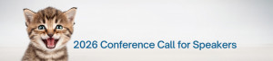 photo of tabby kitten mewing to the left of 2026 Conference Call for Speakers text