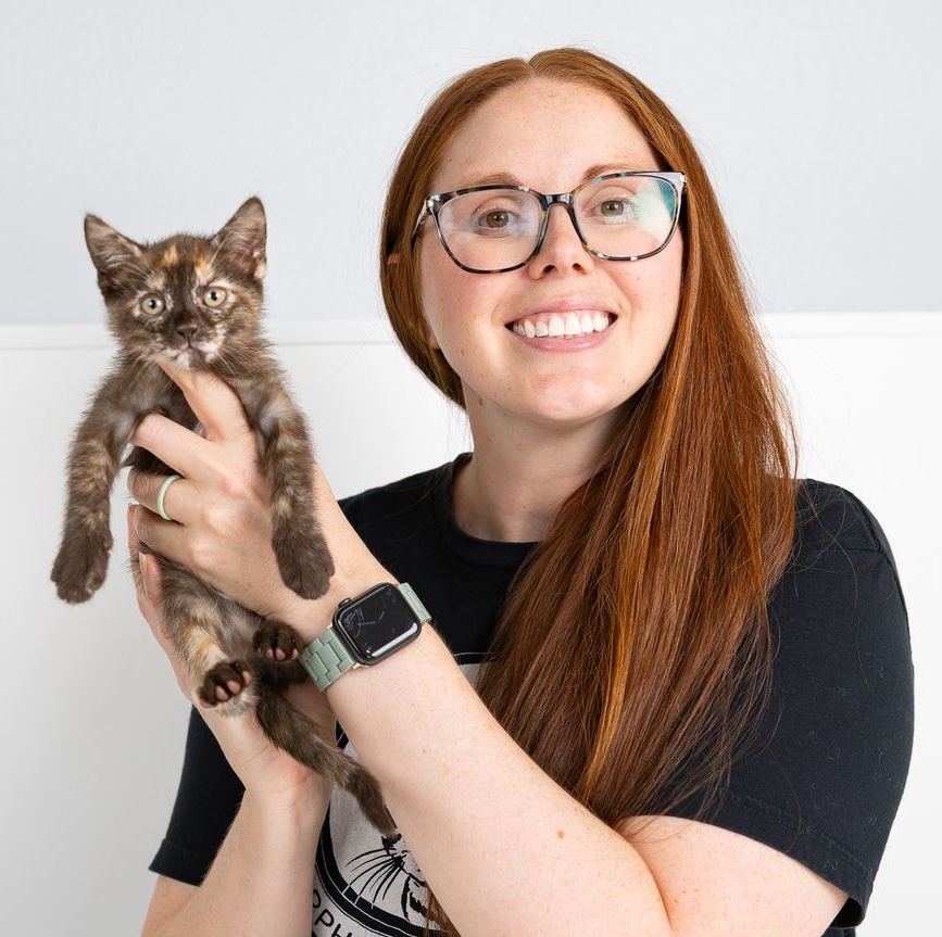 Jackie Noble holding up a gray tabby kitten
