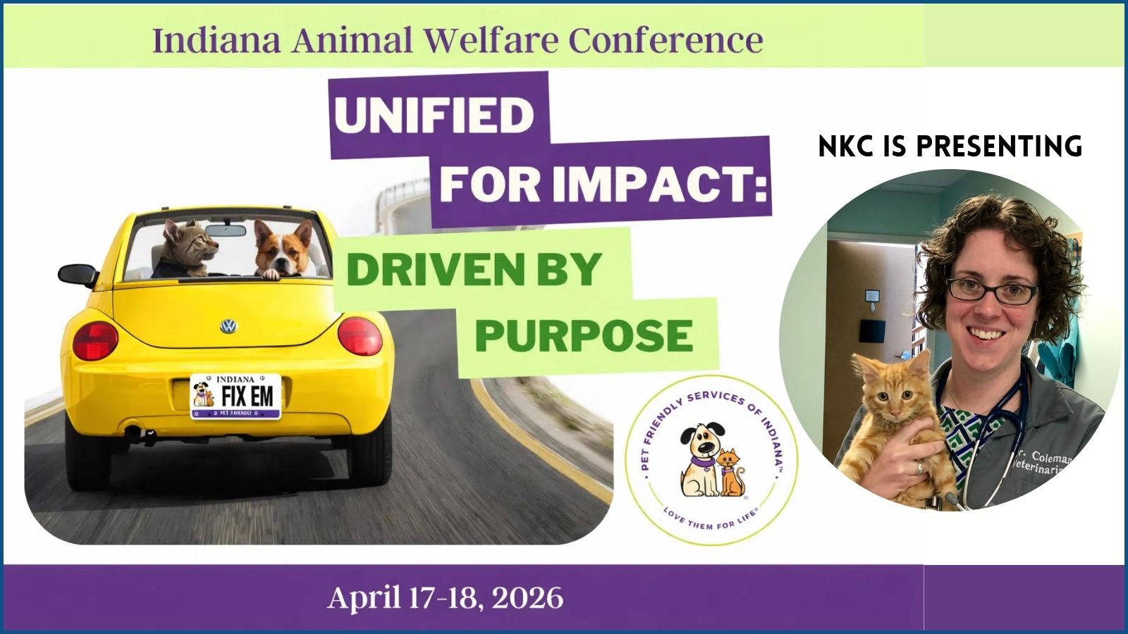 Indiana Animal Welfare Conference logo and photo of Emily Coleman, DVM