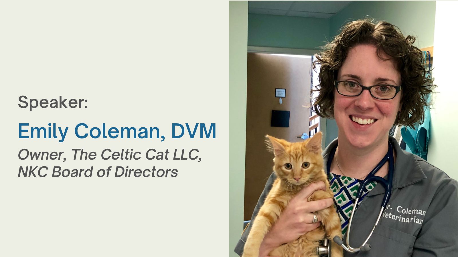 Speaker Emily Coleman, DVM holding orange kitten.